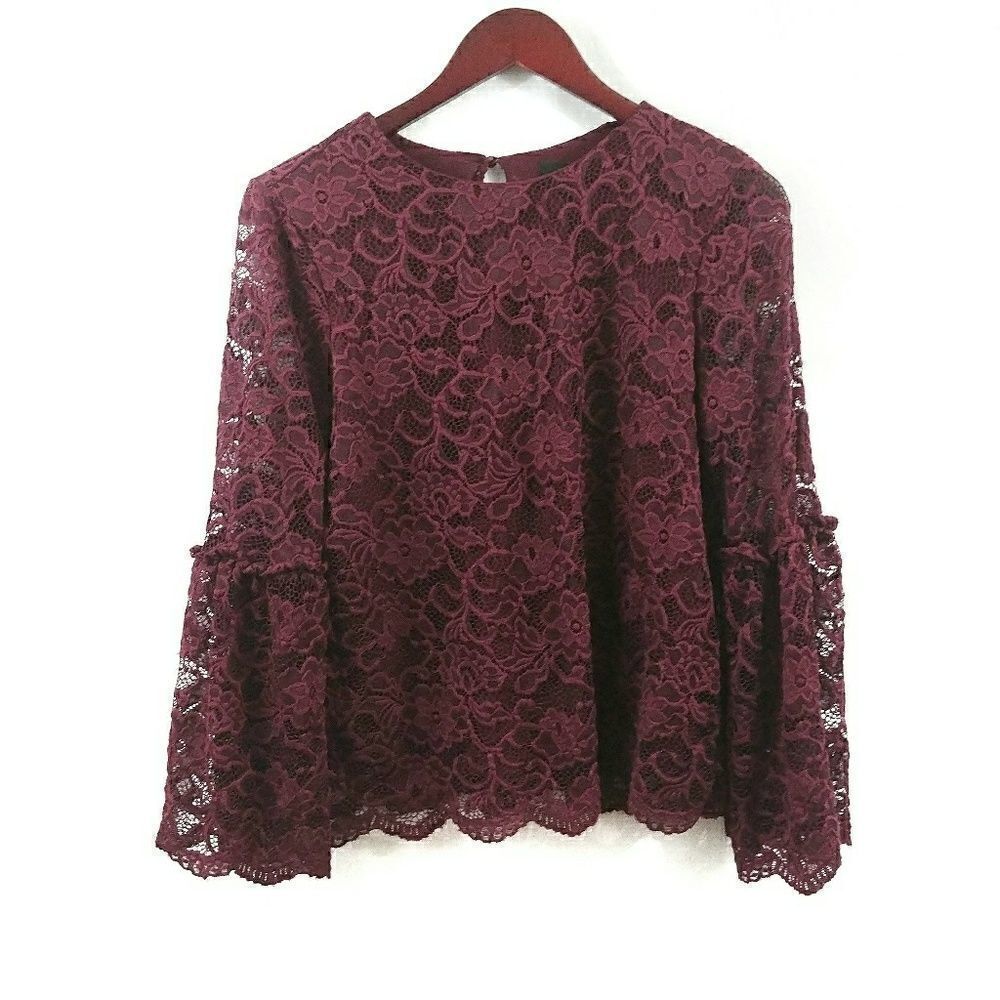 Lace Bell Sleeve Top Size Small Burgundy Womens Boho Holiday